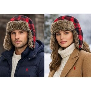 KB Ethos Red Black Buffalo Plaid Trapper Hat Faux Fur Aviator Cap Unisex Winter